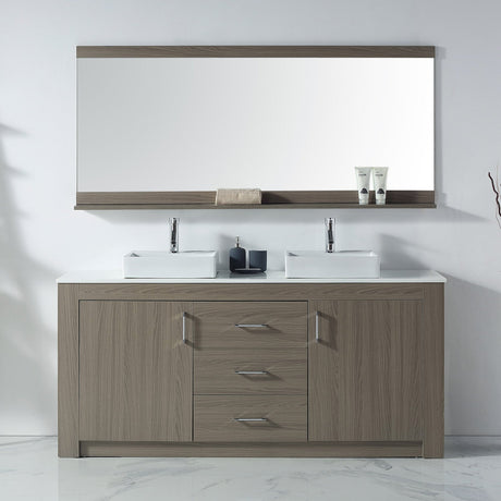Virtu USA Tavian 72" Double Bath Vanity in Gray Oak with White Engineered Stone Top and Square Sinks with Matching Mirror