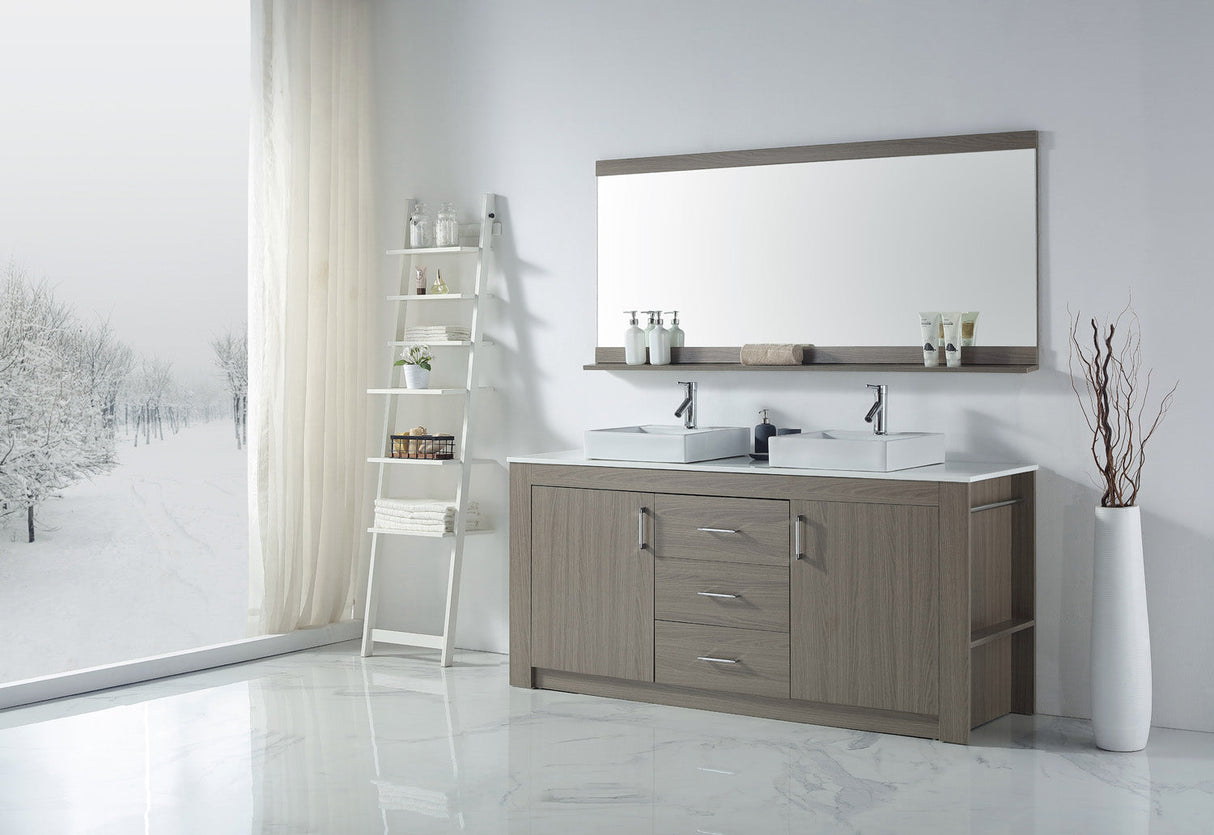 Virtu USA Tavian 72" Double Bath Vanity in Gray Oak with White Engineered Stone Top and Square Sinks with Matching Mirror