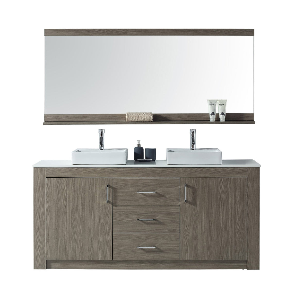 Virtu USA Tavian 72" Double Bath Vanity in Gray Oak with White Engineered Stone Top and Square Sinks with Matching Mirror - Luxe Bathroom Vanities