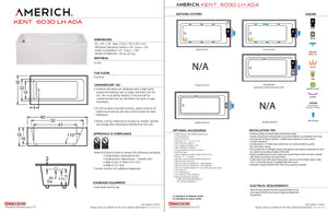 Americh KN6030ADATLA5WH Kent 6030 ADA Left Hand - Tub Only / Airbath 5 - White