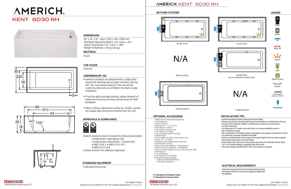 Americh KN6030TRA5-WH Kent 6030 Right Hand - Tub Only / Airbath 5 - White