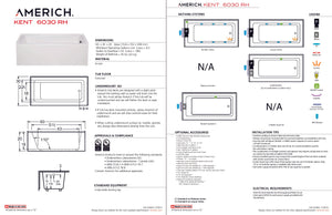 Americh KN6030TRA5-WH Kent 6030 Right Hand - Tub Only / Airbath 5 - White