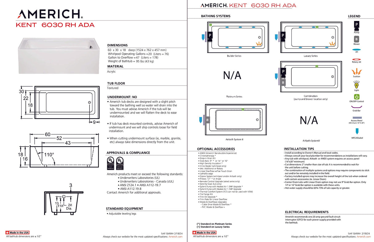 Americh KN6030ADATRA5WH Kent 6030 ADA Right Hand - Tub Only / Airbath 5 - White