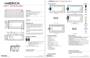 Americh KN6030ADATRA5WH Kent 6030 ADA Right Hand - Tub Only / Airbath 5 - White