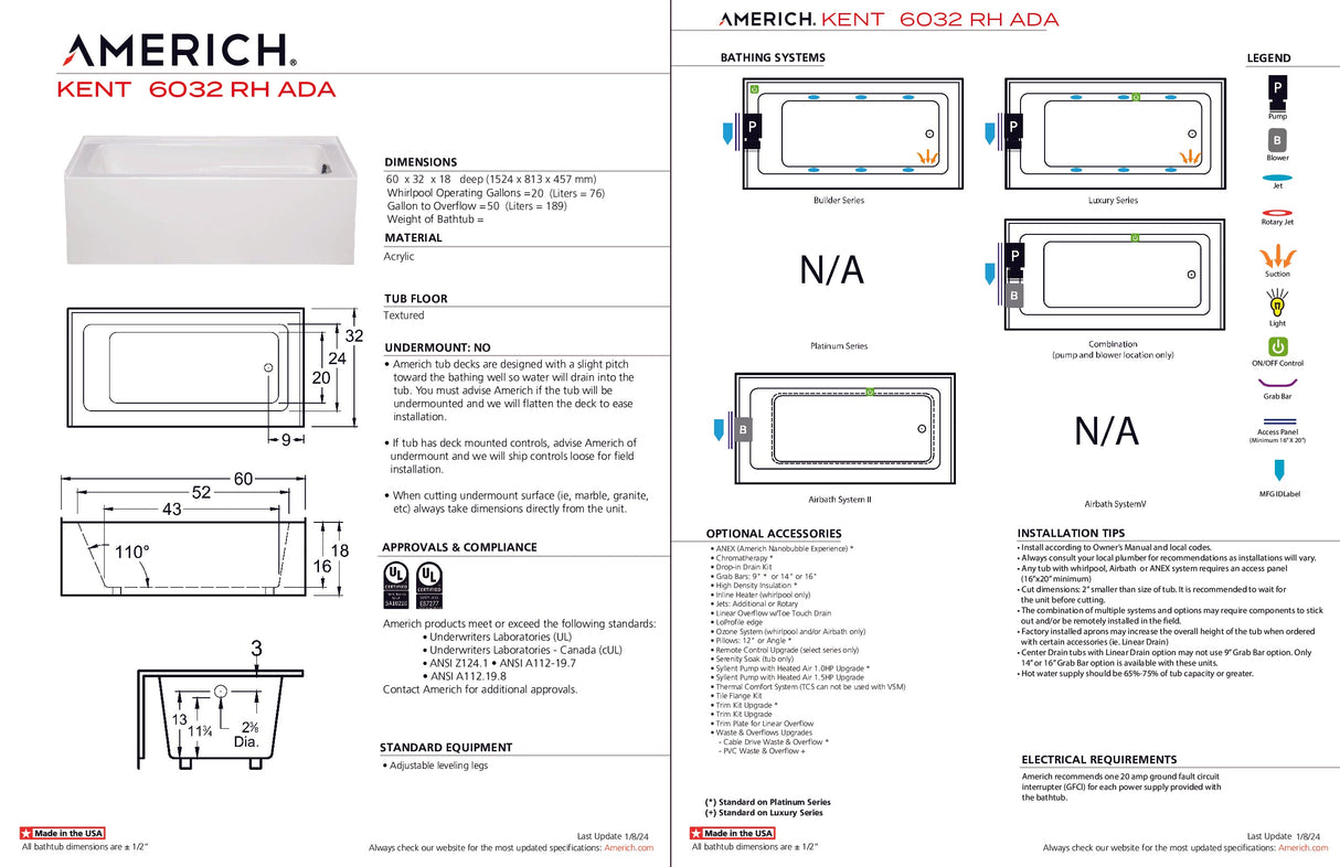 Americh KN6032ADATRA5WH Kent 6032 ADA Right Hand - Tub Only / Airbath 5 - White