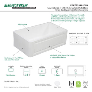 Arcticstone KGKFA331810LD 33-Inch Solid Surface White Stone Apron-Front Single Bowl Farmhouse Kitchen Sink, Matte White/Brushed