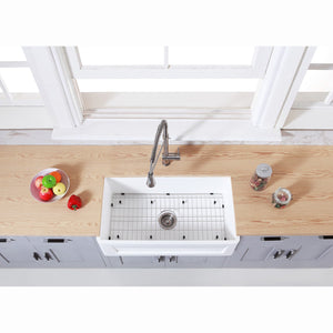 Arcticstone KGKFA331810SQ 33-Inch Solid Surface White Stone Apron-Front Single Bowl Farmhouse Kitchen Sink, Matte White/Brushed