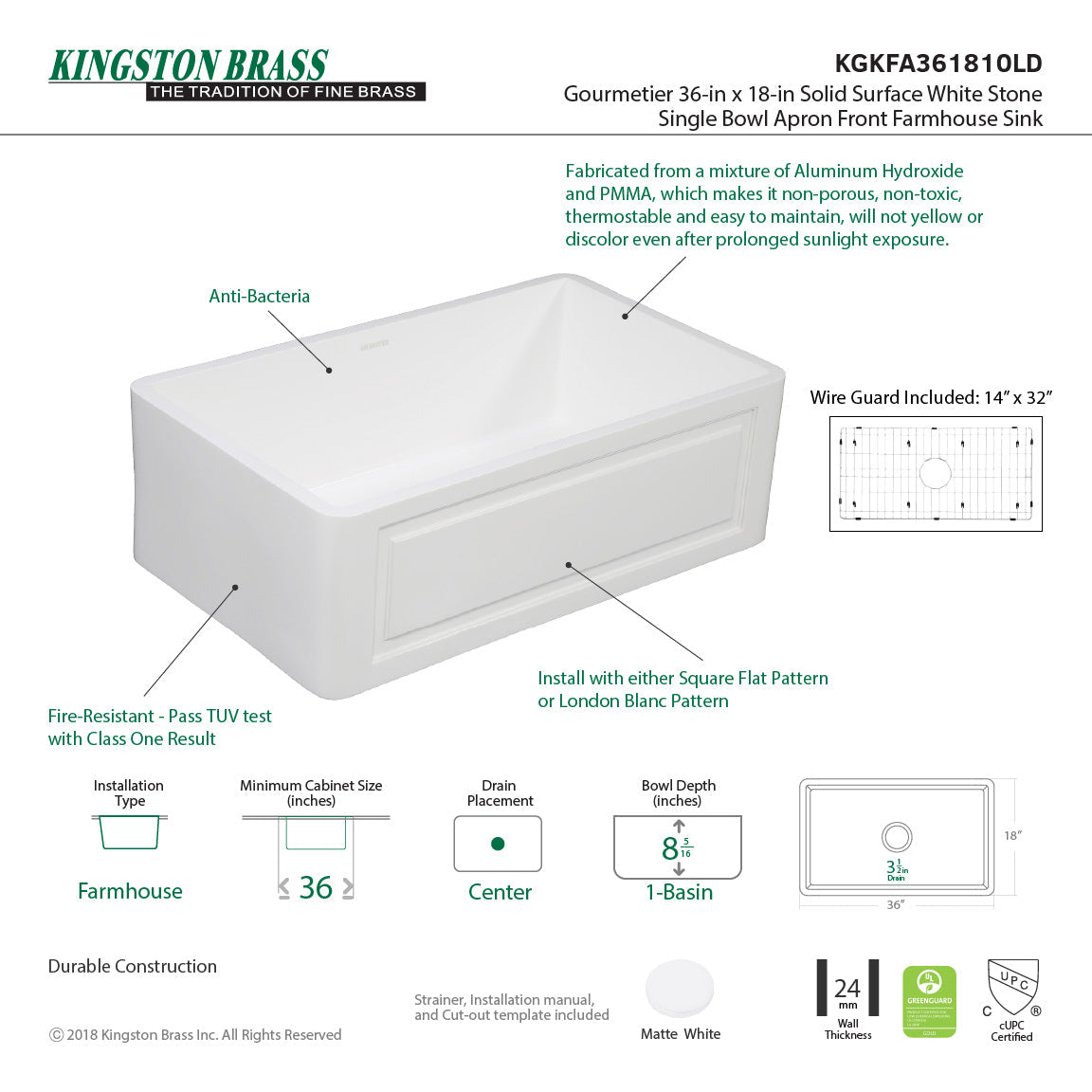 Arcticstone KGKFA361810LD 36-Inch Solid Surface White Stone Apron-Front Single Bowl Farmhouse Kitchen Sink, Matte White/Brushed