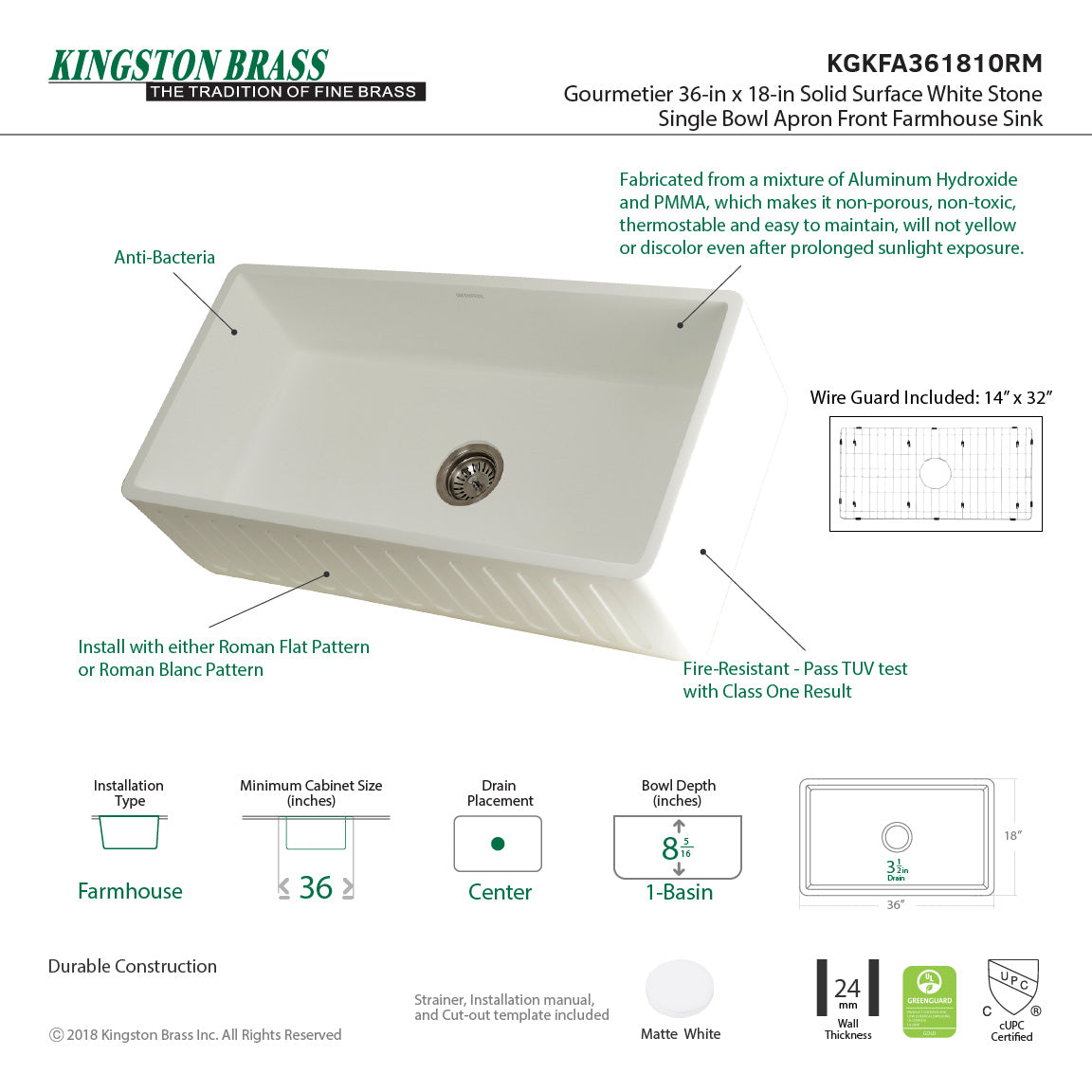 Arcticstone KGKFA361810RM 36-Inch Solid Surface White Stone Apron-Front Single Bowl Farmhouse Kitchen Sink, Matte White/Brushed