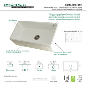 Arcticstone KGKFA361810RM 36-Inch Solid Surface White Stone Apron-Front Single Bowl Farmhouse Kitchen Sink, Matte White/Brushed