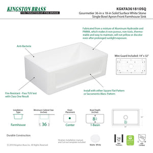 Arcticstone KGKFA361810SQ 36-Inch Solid Surface White Stone Apron-Front Single Bowl Farmhouse Kitchen Sink, Matte White/Brushed