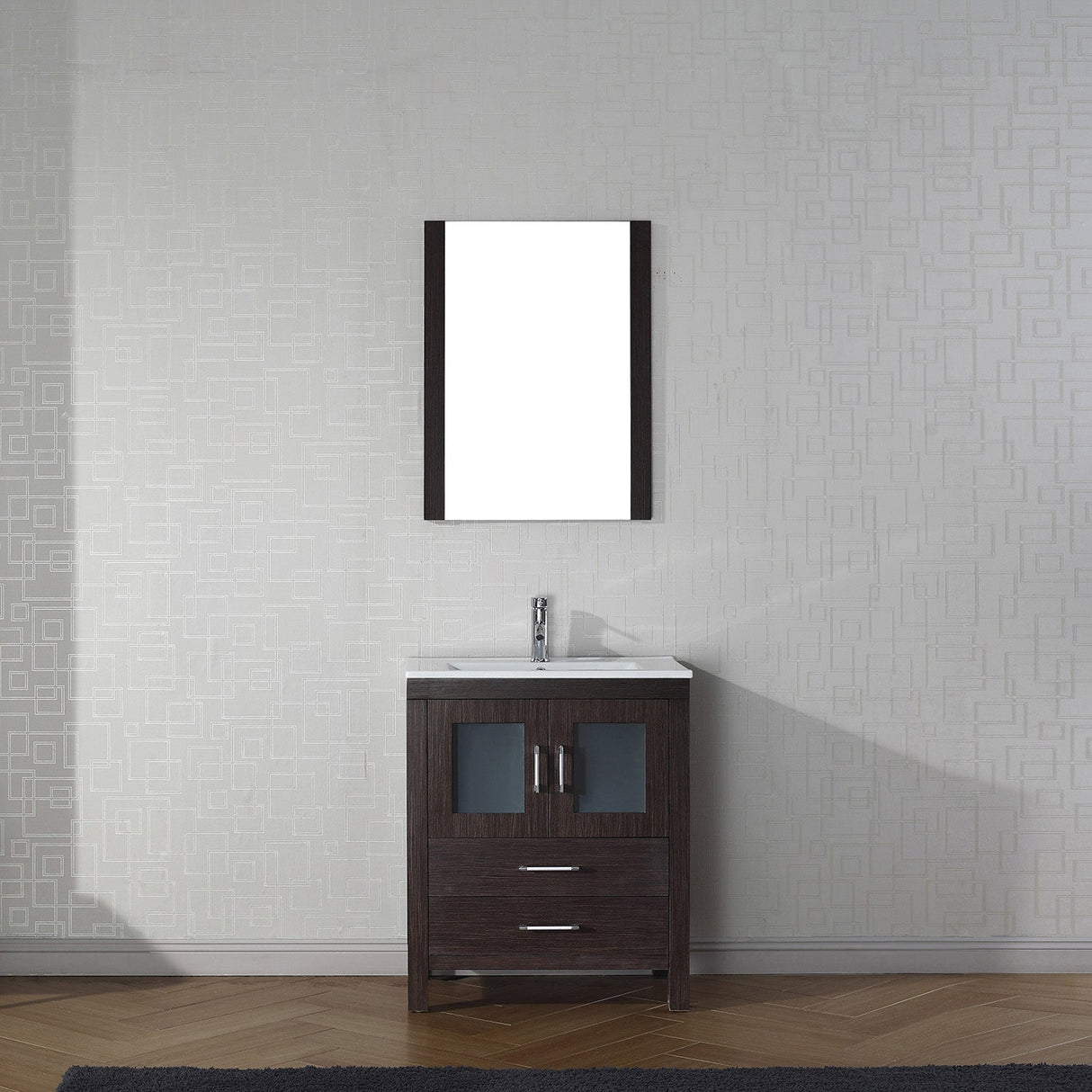 Virtu USA Dior 28" Single Bath Vanity with White Ceramic Top and Integrated Square Sink with Brushed Nickel Faucet with Matching Mirror