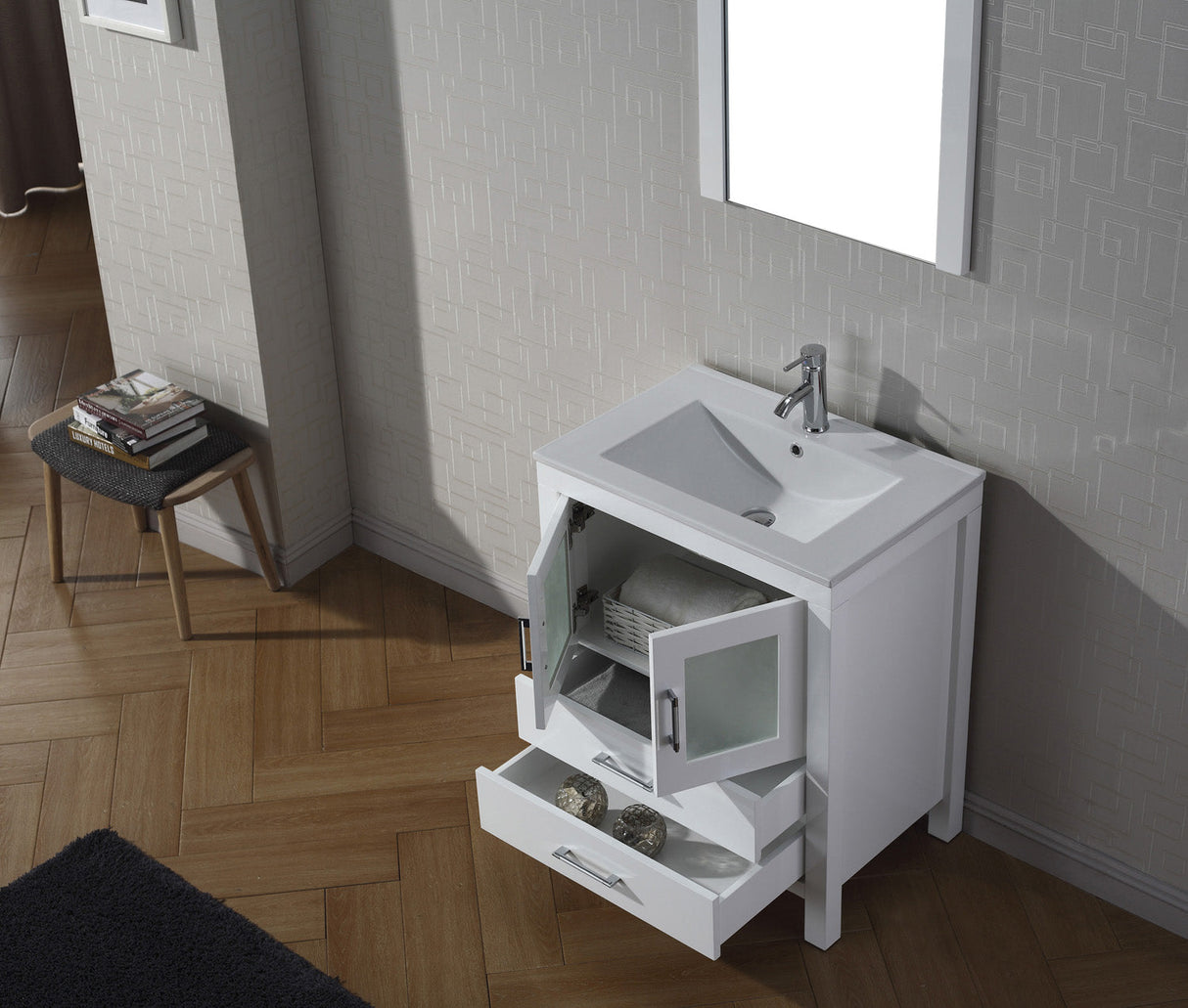 Virtu USA Dior 28" Single Bath Vanity with White Ceramic Top and Integrated Square Sink with Matching Mirror