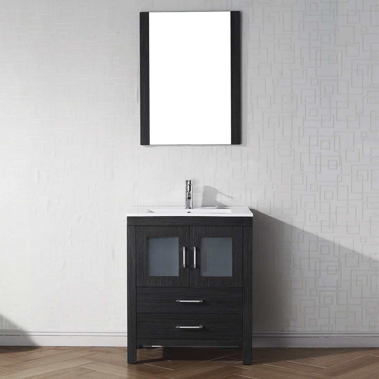 Virtu USA Dior 28" Single Bath Vanity with White Ceramic Top and Integrated Square Sink with Brushed Nickel Faucet with Matching Mirror