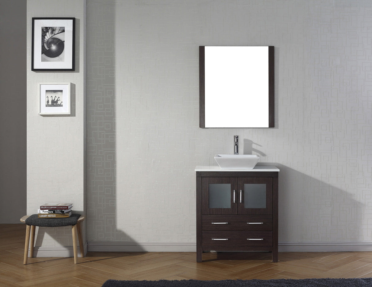 Virtu USA Dior 30" Single Bath Vanity with White Engineered Stone Top and Square Sink with Brushed Nickel Faucet with Matching Mirror