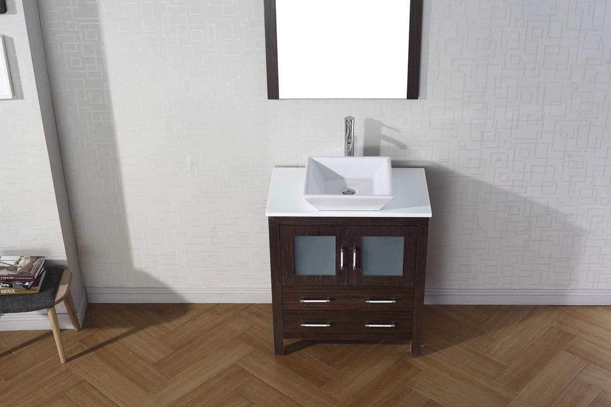 Virtu USA Dior 30" Single Bath Vanity with White Engineered Stone Top and Square Sink with Brushed Nickel Faucet with Matching Mirror