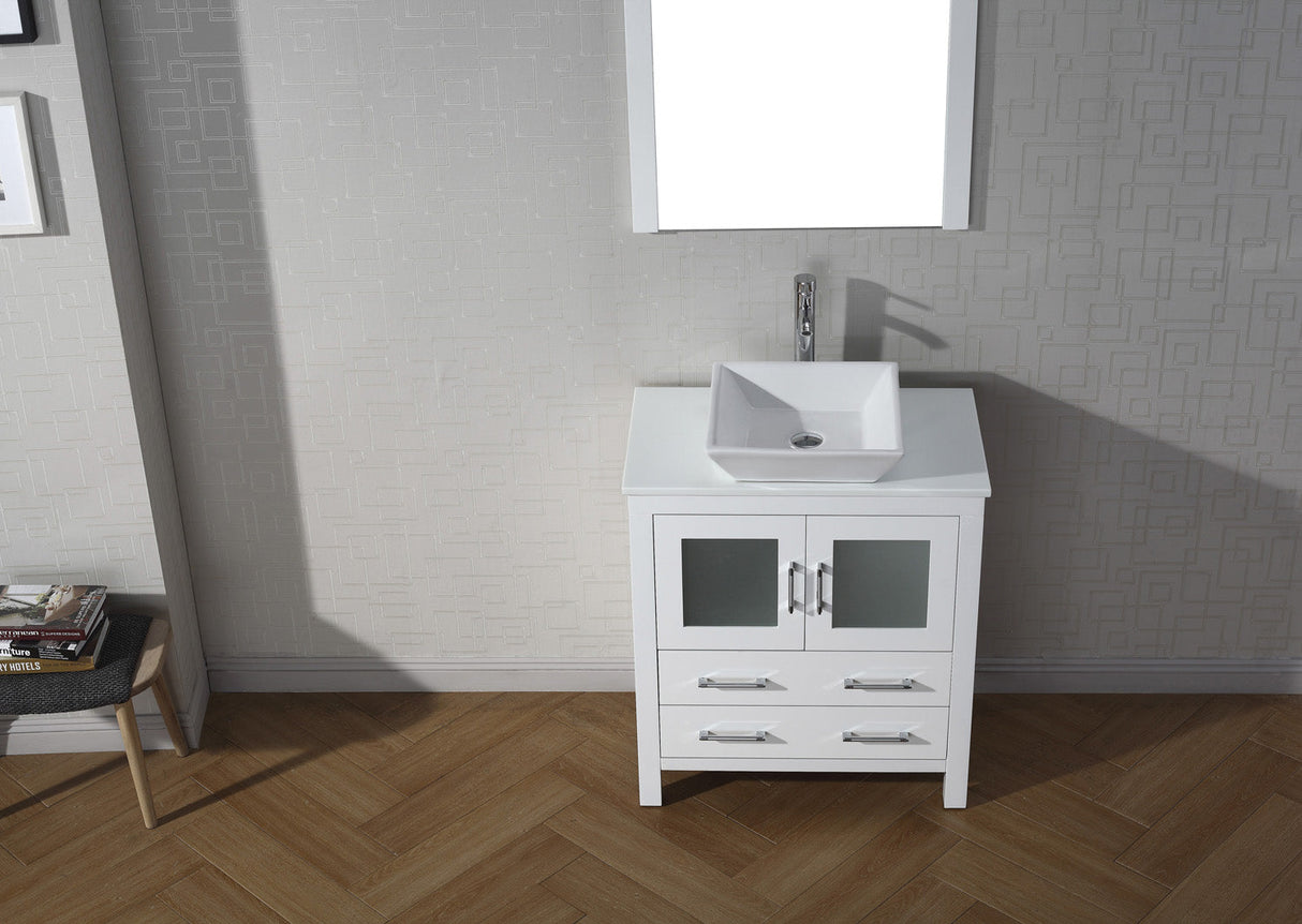 Virtu USA Dior 30" Single Bath Vanity with White Engineered Stone Top and Square Sink with Brushed Nickel Faucet with Matching Mirror