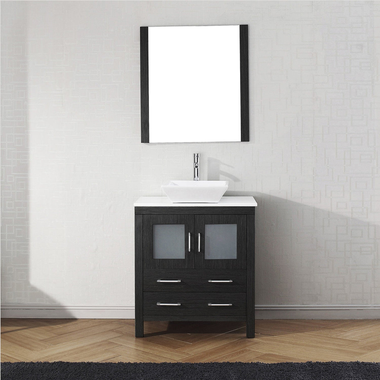 Virtu USA Dior 30" Single Bath Vanity with White Engineered Stone Top and Square Sink with Brushed Nickel Faucet with Matching Mirror