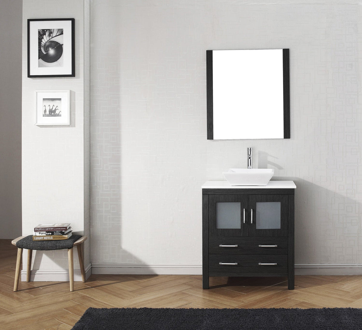 Virtu USA Dior 30" Single Bath Vanity with White Engineered Stone Top and Square Sink with Matching Mirror