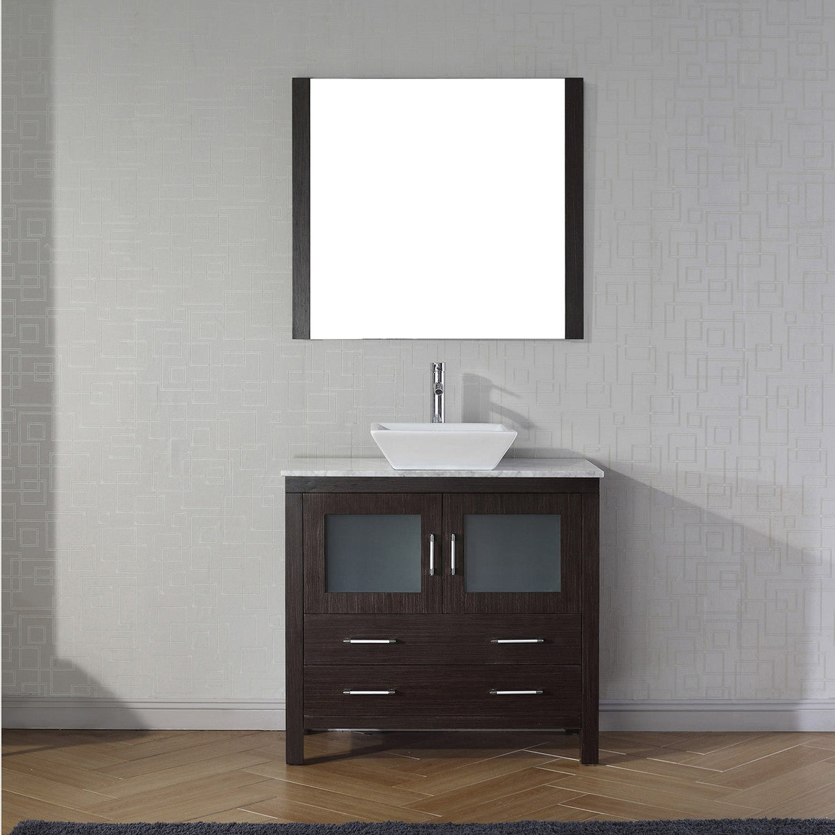 Virtu USA Dior 30" Single Bath Vanity with White Marble Top and Square Sink with Brushed Nickel Faucet with Matching Mirror