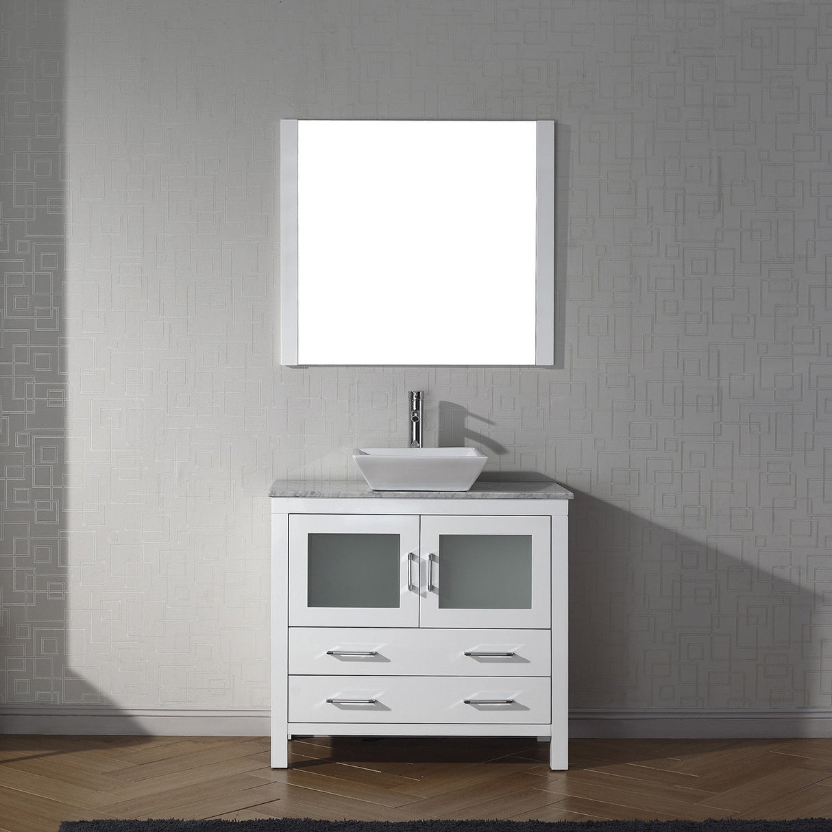 Virtu USA Dior 30" Single Bath Vanity with White Marble Top and Square Sink with Brushed Nickel Faucet with Matching Mirror