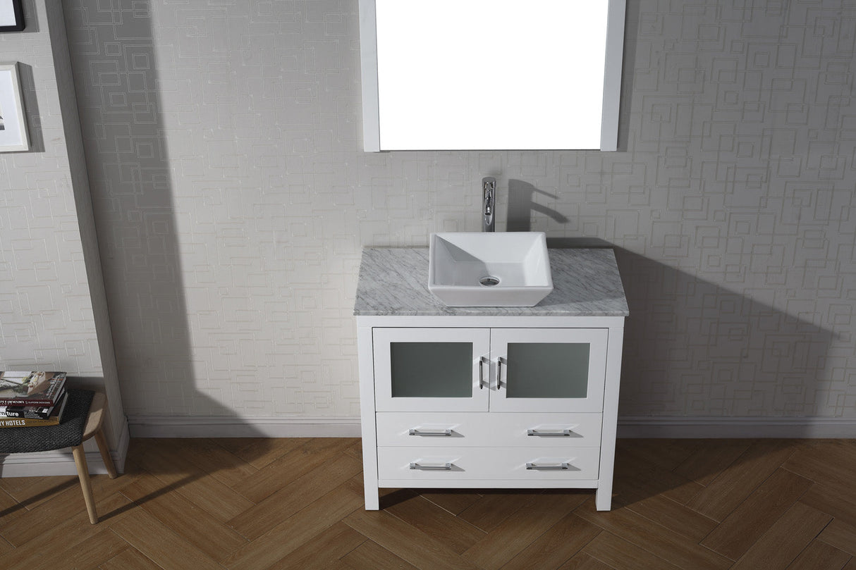 Virtu USA Dior 30" Single Bath Vanity with White Marble Top and Square Sink with Brushed Nickel Faucet with Matching Mirror