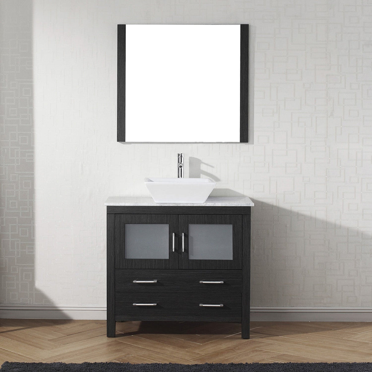 Virtu USA Dior 30" Single Bath Vanity with White Marble Top and Square Sink with Brushed Nickel Faucet with Matching Mirror