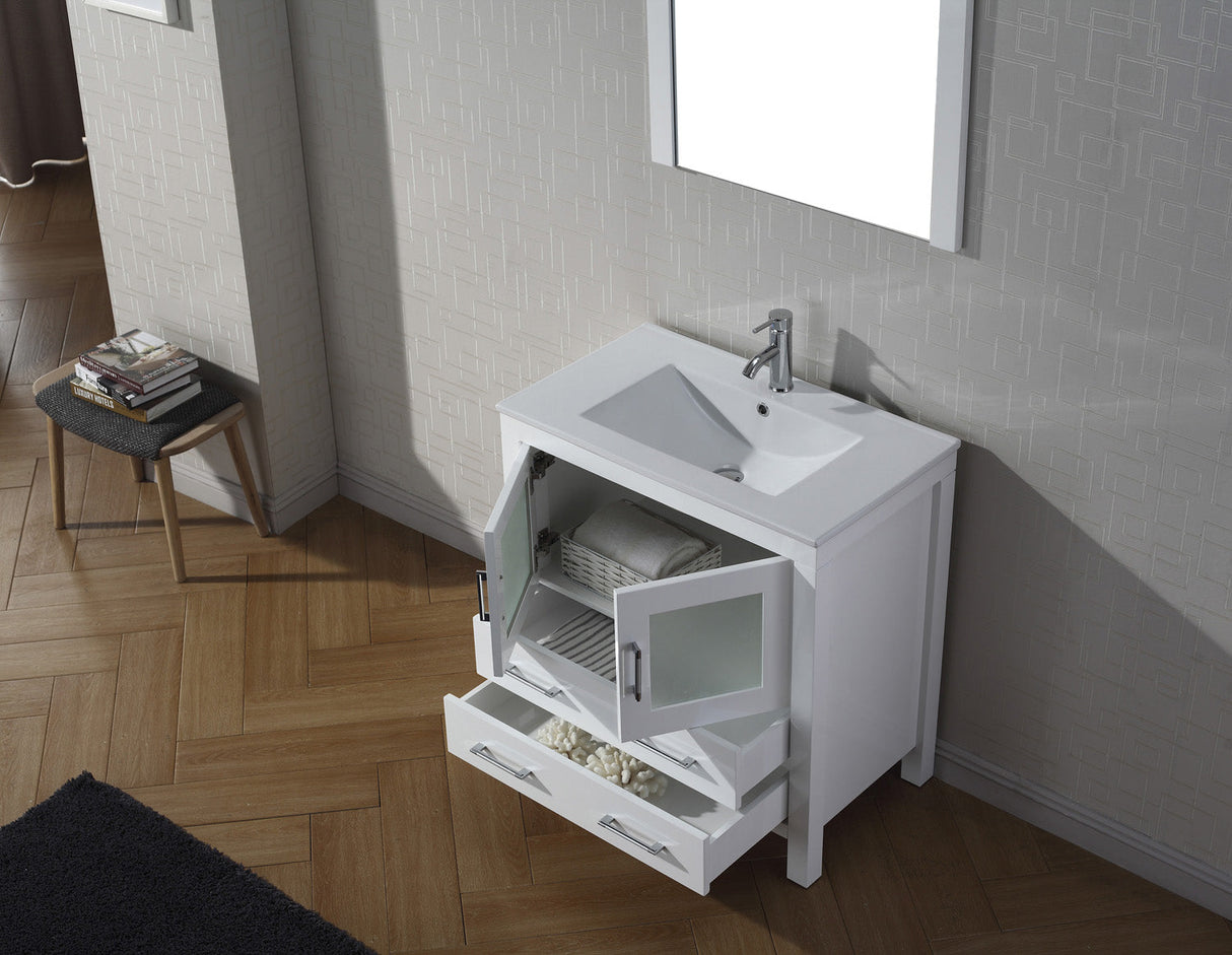 Virtu USA Dior 32" Single Bath Vanity with White Ceramic Top and Integrated Square Sink with Brushed Nickel Faucet with Matching Mirror