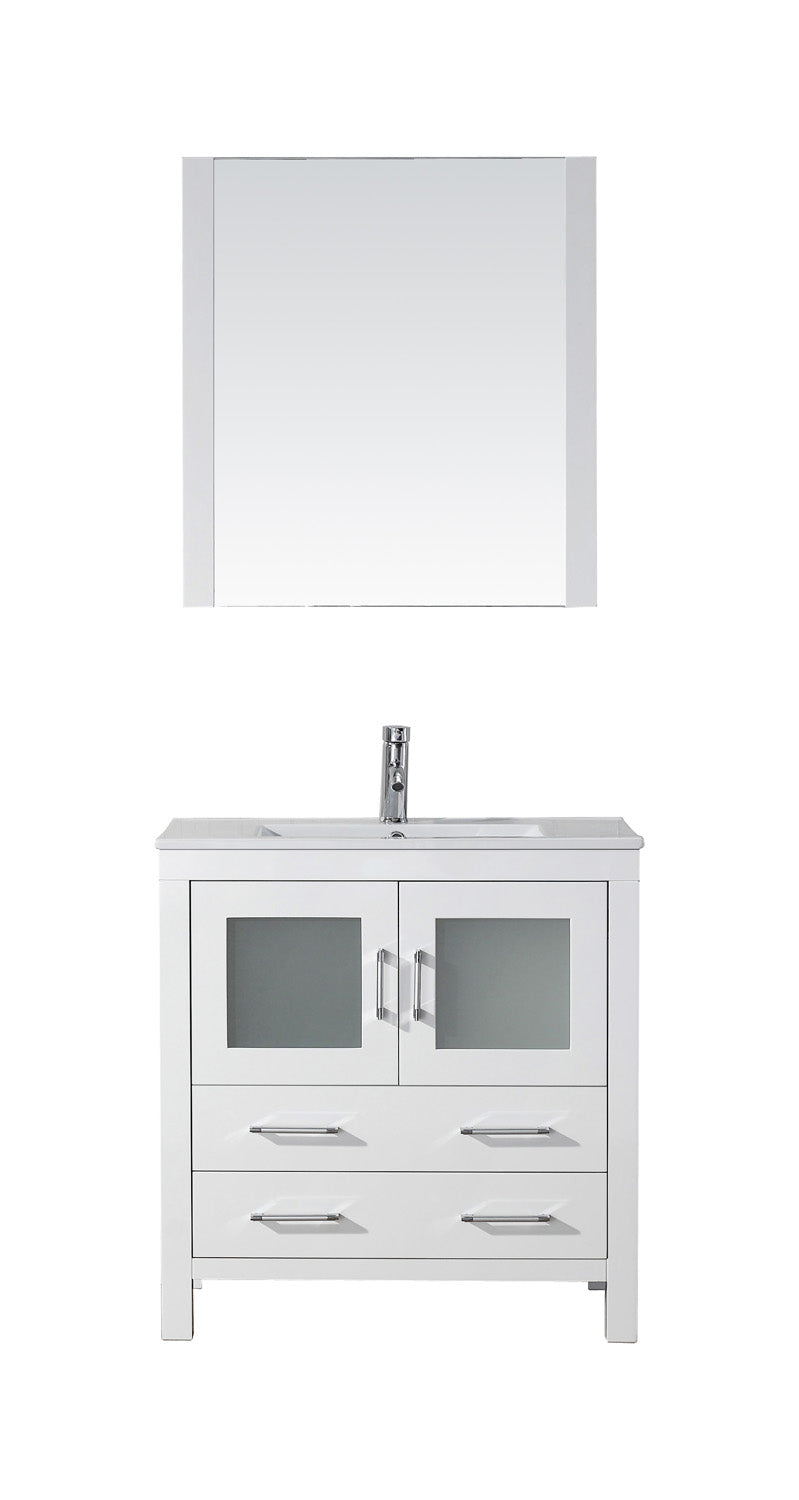 Virtu USA Dior 32" Single Bath Vanity with Slim White Ceramic Top and Square Sink with Brushed Nickel Faucet and Mirror - Luxe Bathroom Vanities Luxury Bathroom Fixtures Bathroom Furniture