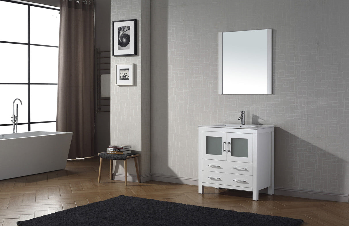 Virtu USA Dior 32" Single Bath Vanity with White Ceramic Top and Integrated Square Sink with Matching Mirror