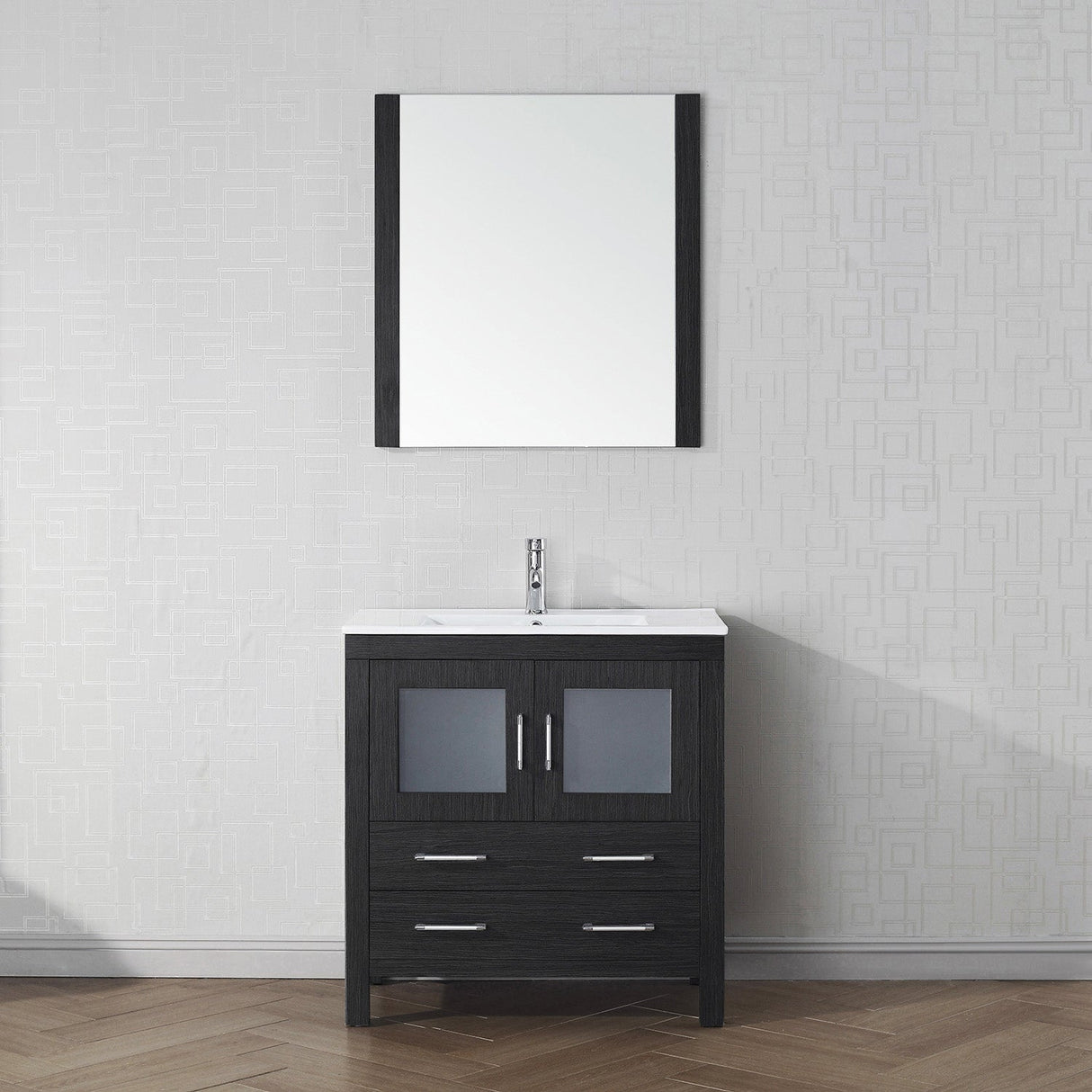 Virtu USA Dior 32" Single Bath Vanity with White Ceramic Top and Integrated Square Sink with Brushed Nickel Faucet with Matching Mirror