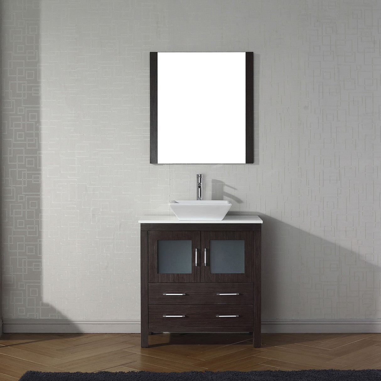 Virtu USA Dior 32" Single Bath Vanity with White Engineered Stone Top and Square Sink with Brushed Nickel Faucet with Matching Mirror