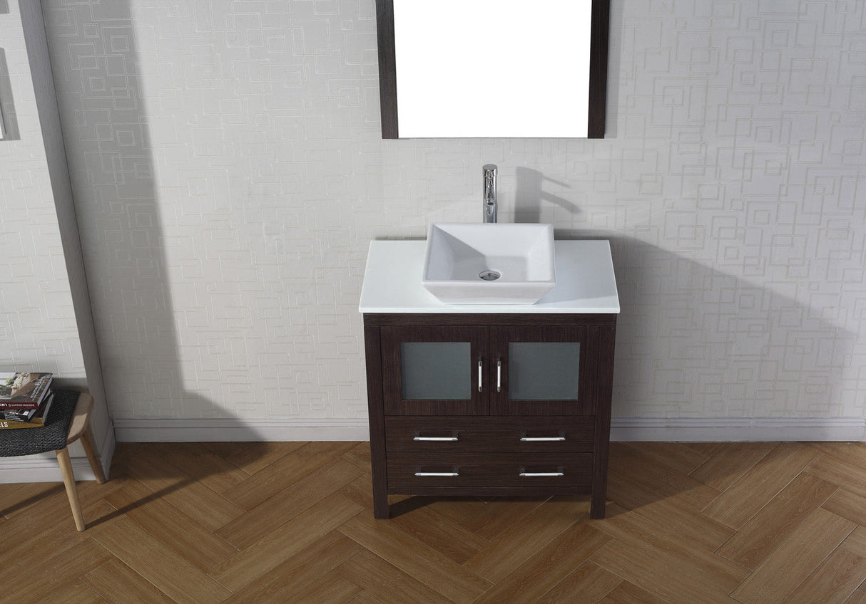 Virtu USA Dior 32" Single Bath Vanity with White Engineered Stone Top and Square Sink with Brushed Nickel Faucet with Matching Mirror