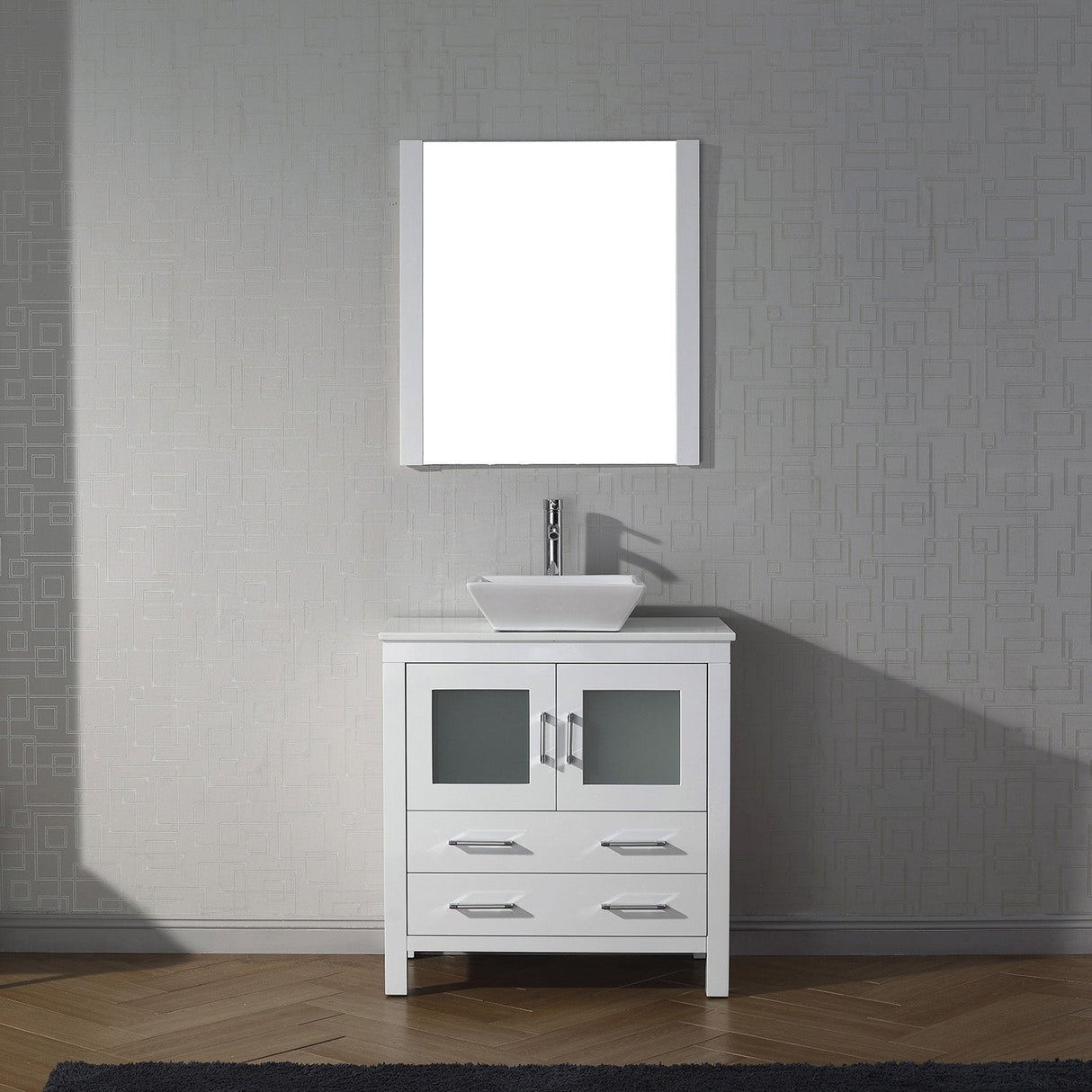 Virtu USA Dior 32" Single Bath Vanity with White Engineered Stone Top and Square Sink with Brushed Nickel Faucet with Matching Mirror