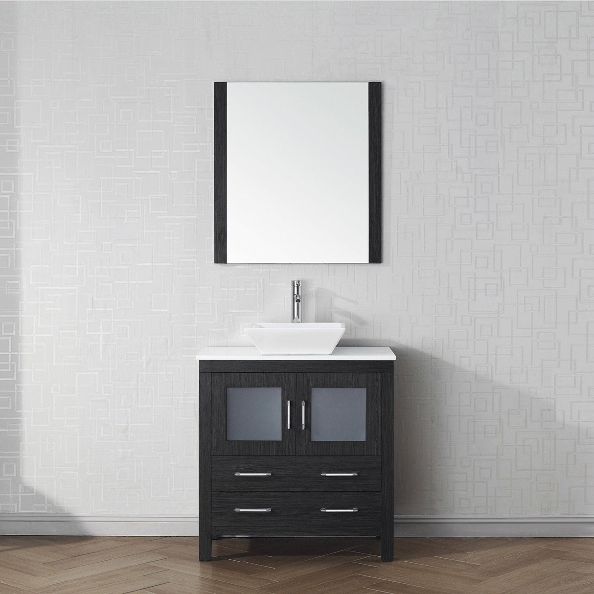 Virtu USA Dior 32" Single Bath Vanity with White Engineered Stone Top and Square Sink with Brushed Nickel Faucet with Matching Mirror