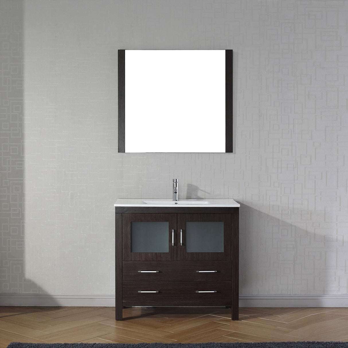 Virtu USA Dior 36" Single Bath Vanity with White Ceramic Top and Integrated Square Sink with Brushed Nickel Faucet with Matching Mirror