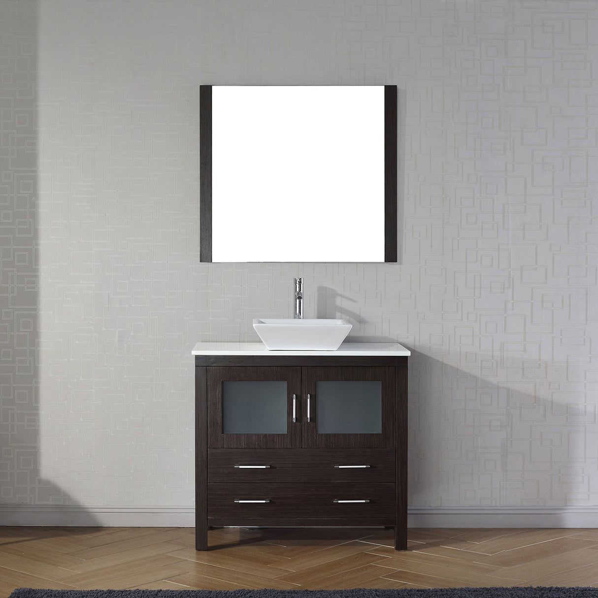 Virtu USA Dior 36" Single Bath Vanity with White Engineered Stone Top and Square Sink with Brushed Nickel Faucet with Matching Mirror