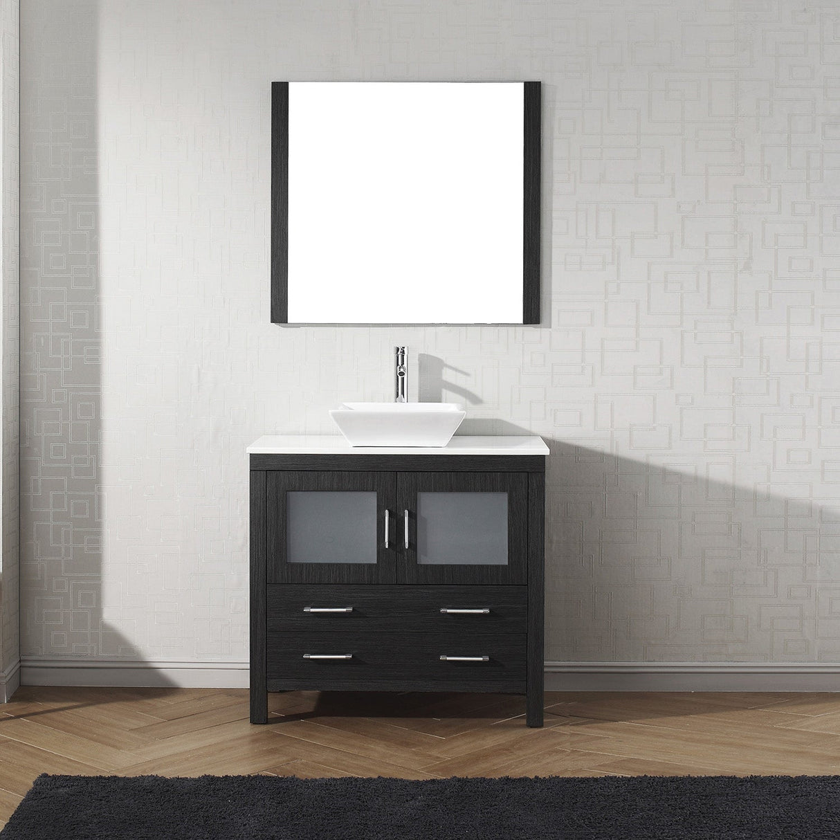 Virtu USA Dior 36" Single Bath Vanity with White Engineered Stone Top and Square Sink with Brushed Nickel Faucet with Matching Mirror