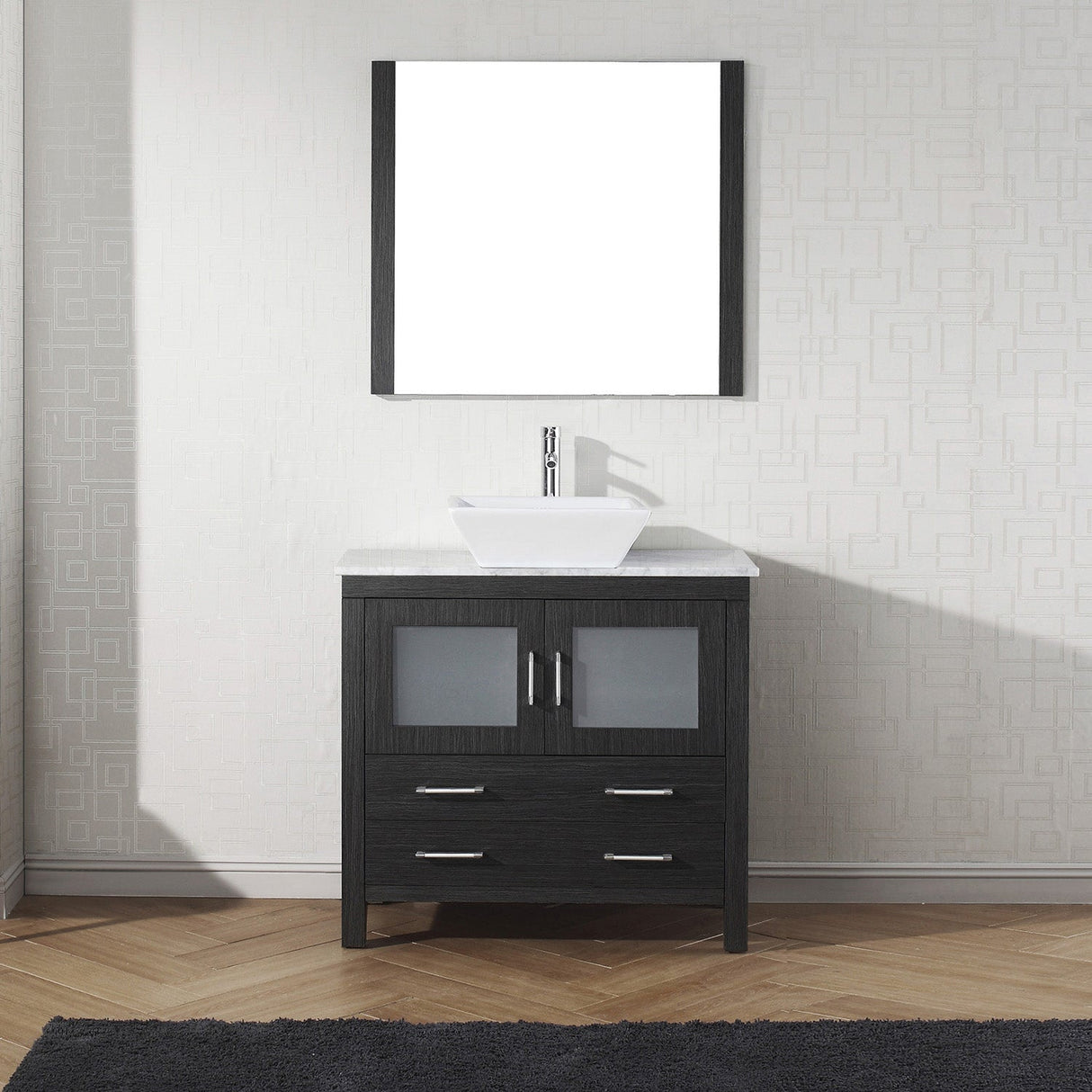 Virtu USA Dior 36" Single Bath Vanity with White Marble Top and Square Sink with Brushed Nickel Faucet with Matching Mirror