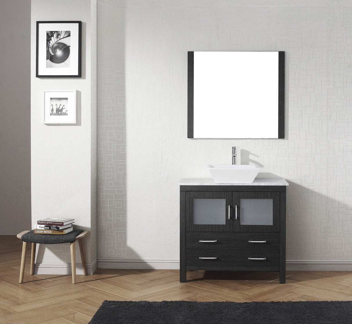 Virtu USA Dior 36" Single Bath Vanity with White Marble Top and Square Sink with Brushed Nickel Faucet with Matching Mirror