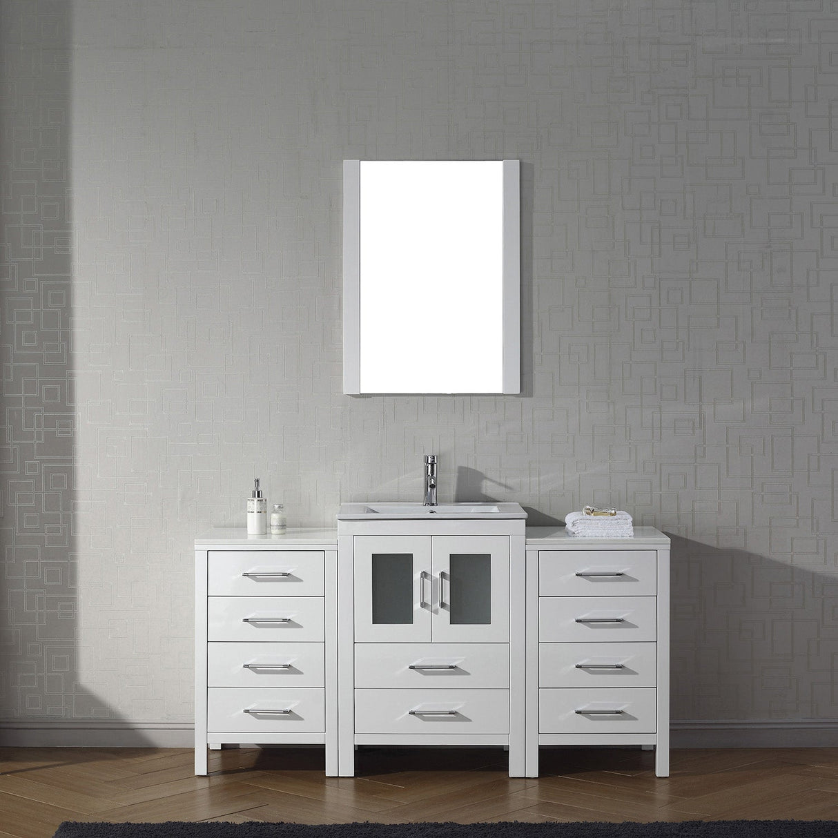Virtu USA Dior 60" Single Bath Vanity with White Ceramic Top and Integrated Square Sink with Brushed Nickel Faucet with Matching Mirror