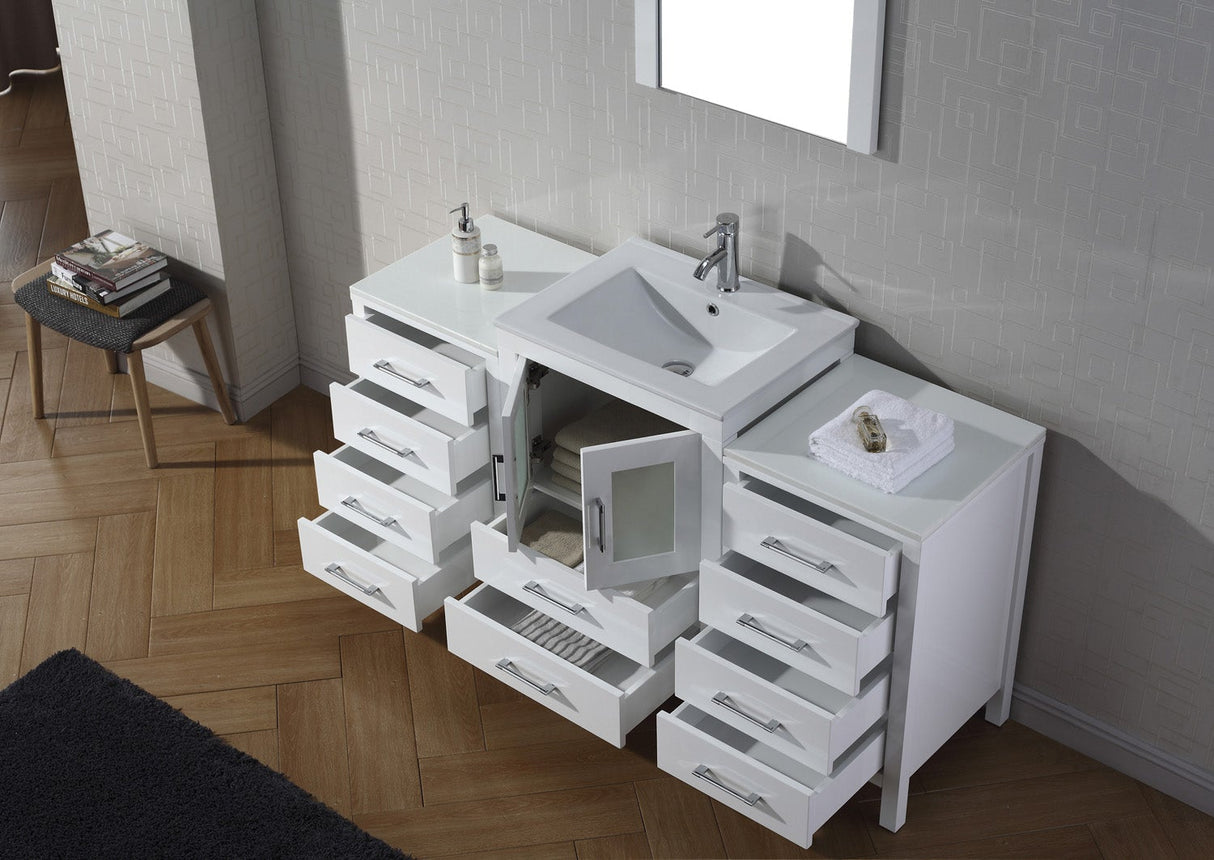 Virtu USA Dior 60" Single Bath Vanity with White Ceramic Top and Integrated Square Sink with Brushed Nickel Faucet with Matching Mirror