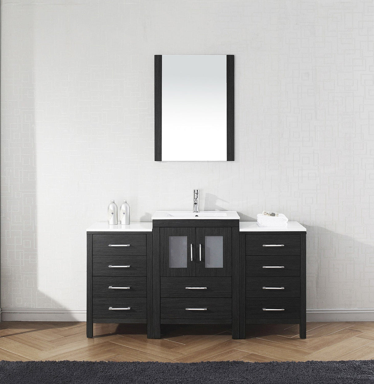 Virtu USA Dior 60" Single Bath Vanity with White Ceramic Top and Integrated Square Sink with Matching Mirror