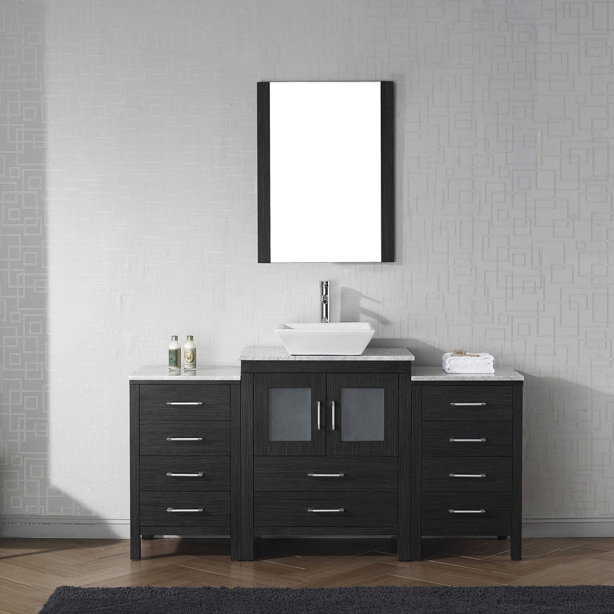 Virtu USA Dior 60" Single Bath Vanity with White Marble Top and Square Sink with Brushed Nickel Faucet with Matching Mirror