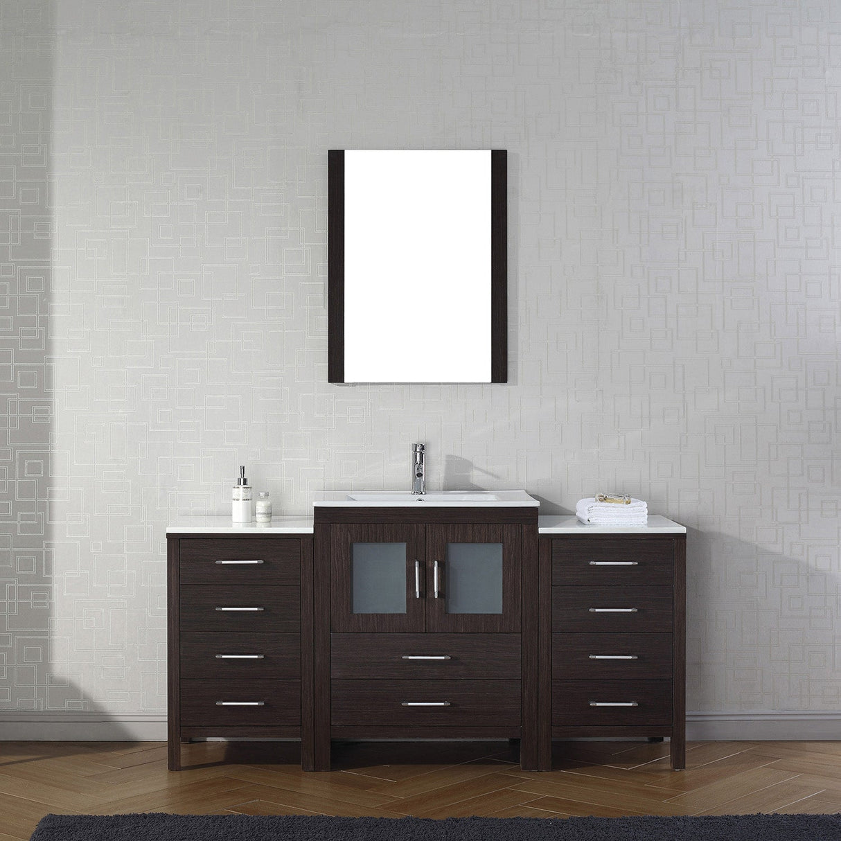 Virtu USA Dior 64" Single Bath Vanity with White Ceramic Top and Integrated Square Sink with Matching Mirror