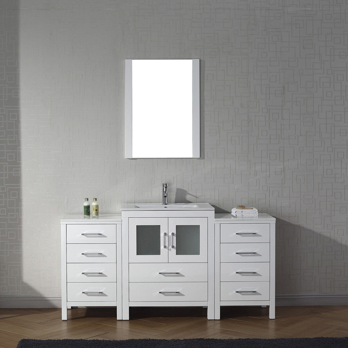 Virtu USA Dior 64" Single Bath Vanity with White Ceramic Top and Integrated Square Sink with Brushed Nickel Faucet with Matching Mirror