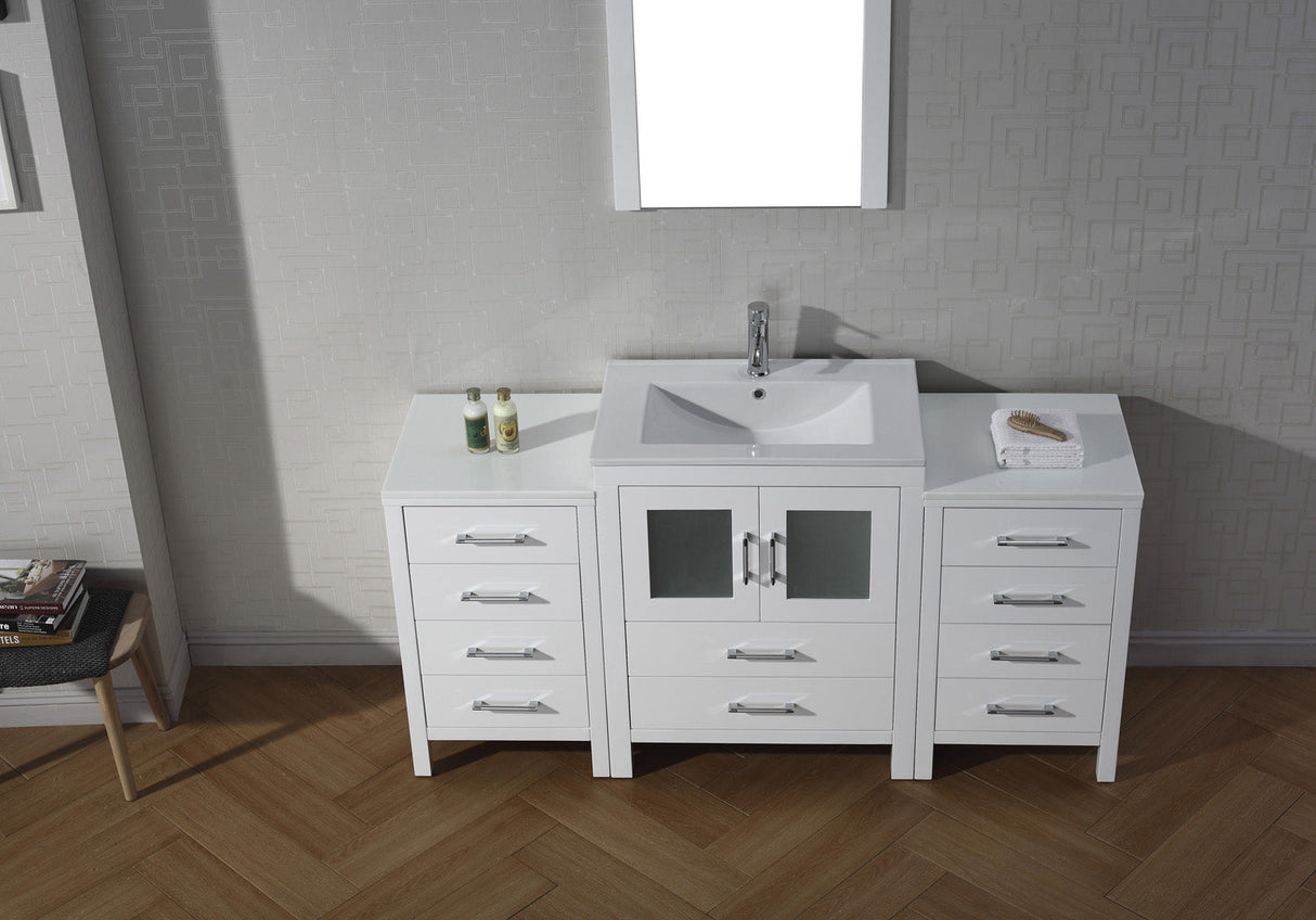 Virtu USA Dior 64" Single Bath Vanity with White Ceramic Top and Integrated Square Sink with Brushed Nickel Faucet with Matching Mirror