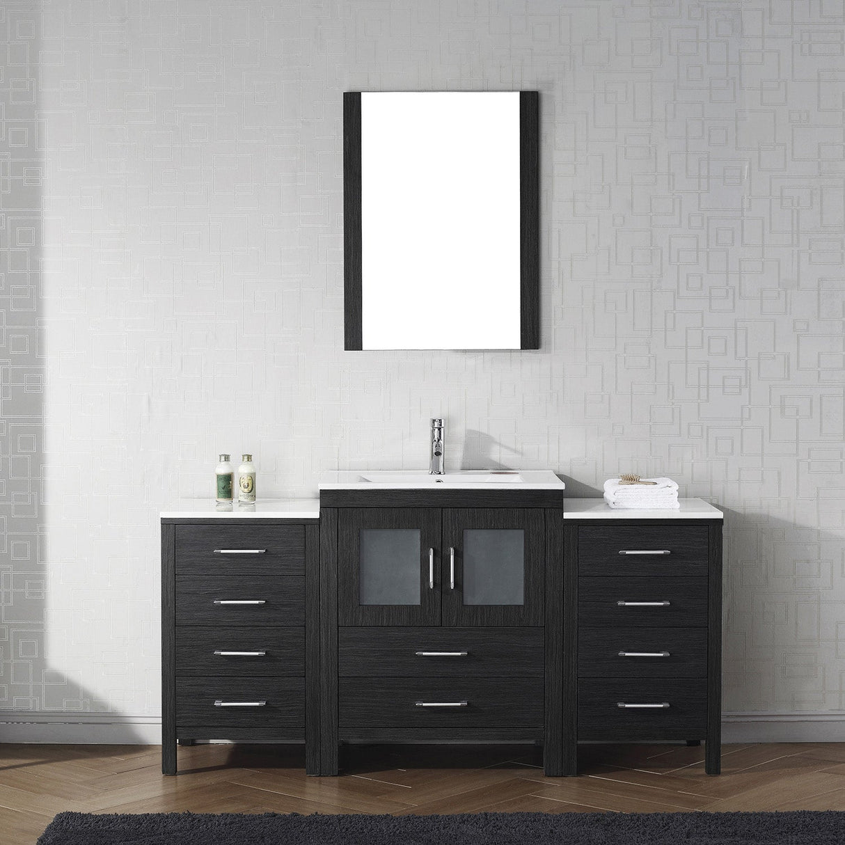 Virtu USA Dior 64" Single Bath Vanity with White Ceramic Top and Integrated Square Sink with Matching Mirror