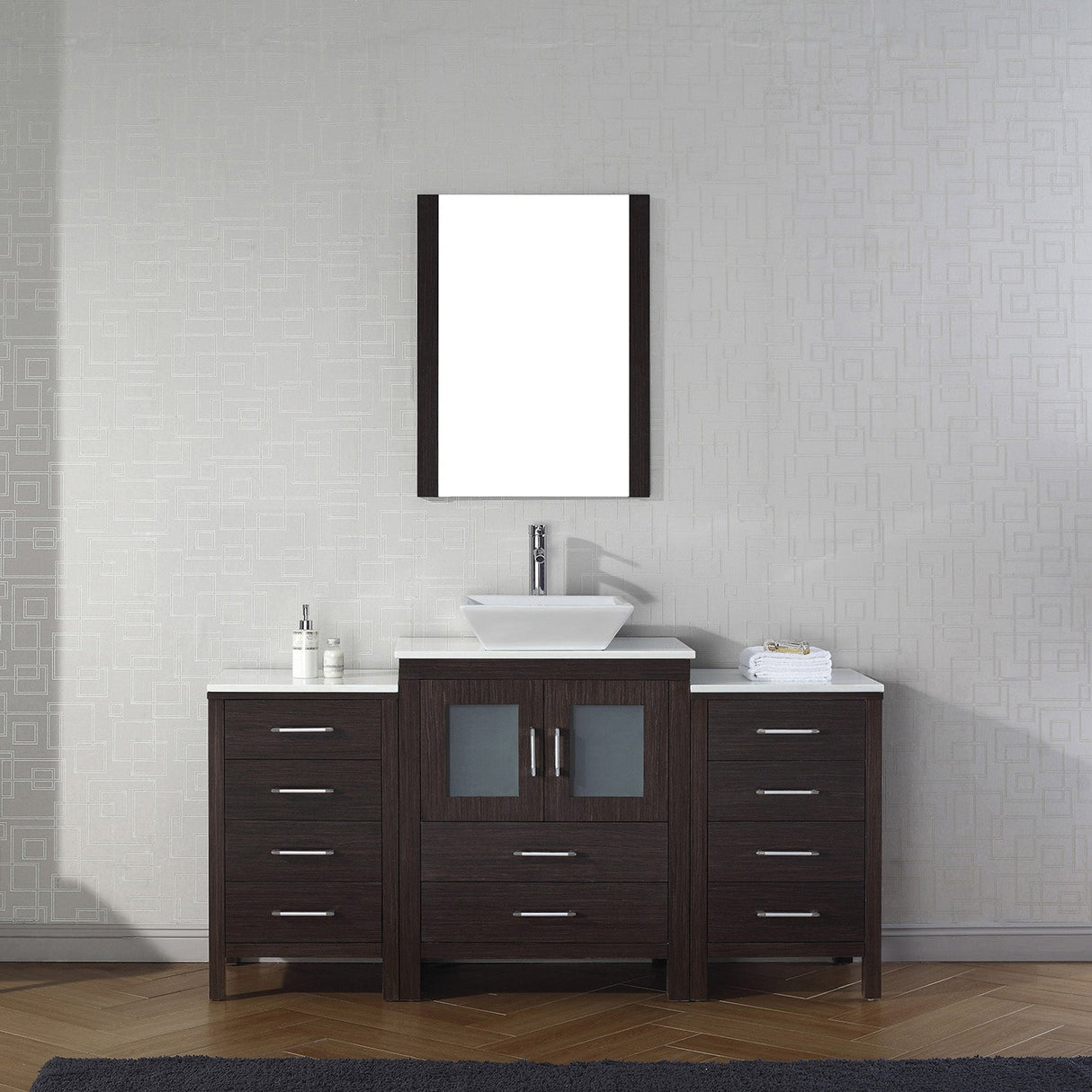 Virtu USA Dior 64" Single Bath Vanity with White Engineered Stone Top and Square Sink with Brushed Nickel Faucet with Matching Mirror