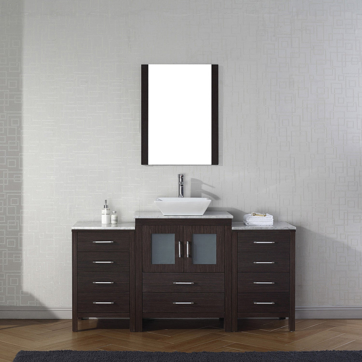 Virtu USA Dior 64" Single Bath Vanity with White Marble Top and Square Sink with Brushed Nickel Faucet with Matching Mirror